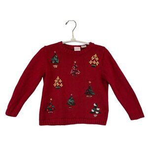 Little Goodies Girl's Size 7 Christmas Sweater Trees Classic Embroidered Red